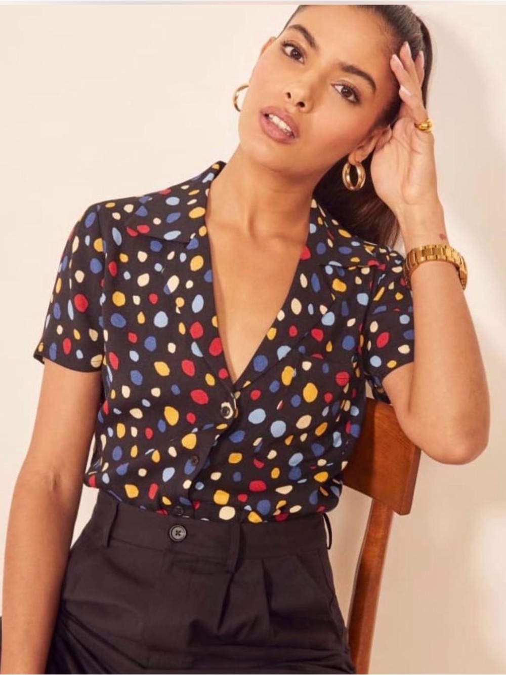 Reformation Cuba Top Fiesta Black Multicolor Polka Dot Blouse Medium
